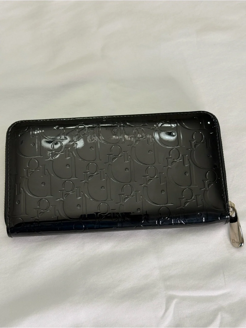 Dior Black Patent Embossed Zip Wallet